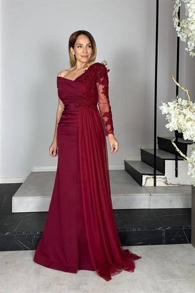 G1341 Dantel Detaylı Maksi Tasarım Elbise Bordo