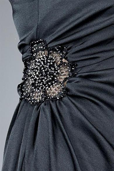 G1358 Tek Omuz Taş Detaylı Saten Abiye Elbise Siyah