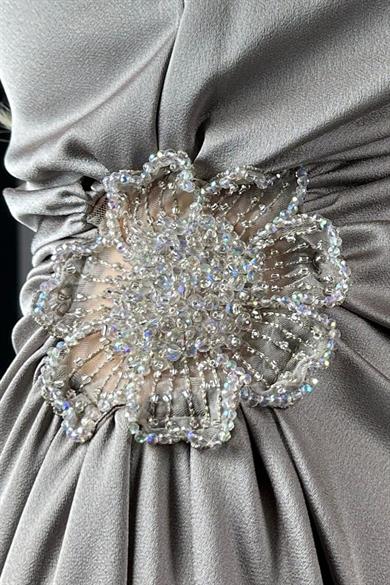 G1358 Tek Omuz Taş Detaylı Saten Abiye Elbise Vizon