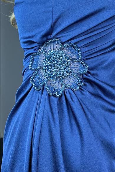 G1358 Tek Omuz Taş Detaylı Saten Abiye Elbise Lacivert