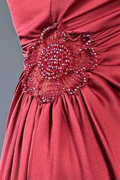 G1358 Tek Omuz Taş Detaylı Saten Abiye Elbise Bordo