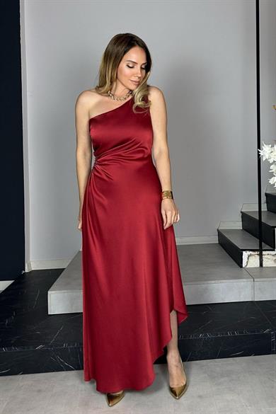 G1358 Tek Omuz Taş Detaylı Saten Abiye Elbise Bordo