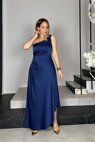 G1358 Tek Omuz Taş Detaylı Saten Abiye Elbise Lacivert