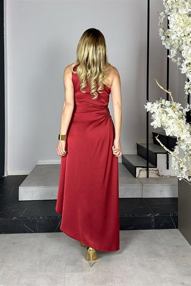 G1358 Tek Omuz Taş Detaylı Saten Abiye Elbise Bordo