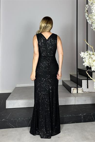 G1360 Drape Detaylı Payet Abiye Elbise Siyah