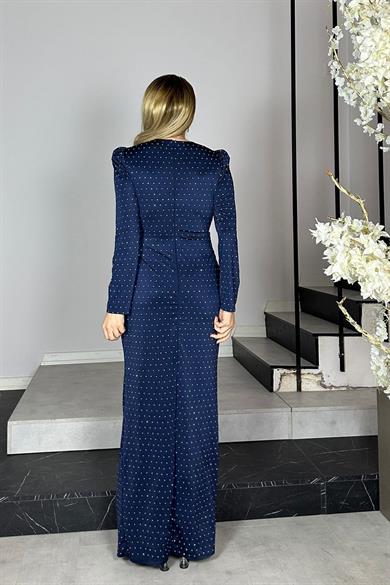 G1362 Taş Detaylı Tasarım Abiye Elbise Lacivert