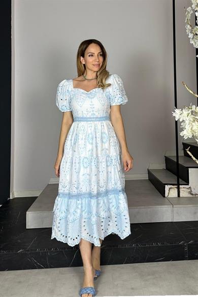 G1370 Balon Kol Fisto Elbise Mavi