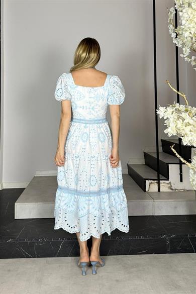 G1370 Balon Kol Fisto Elbise Mavi