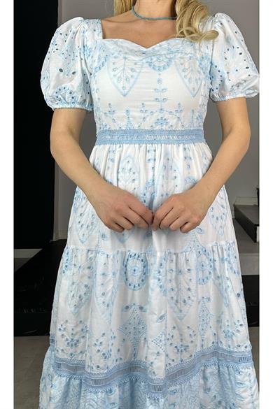 G1370 Balon Kol Fisto Elbise Mavi