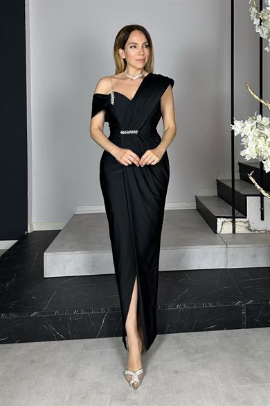 G1374 Taş Detaylı Tek Omuz Tasarım Abiye Elbise Siyah