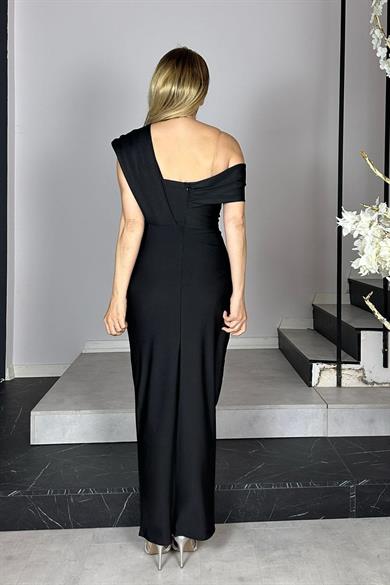 G1374 Taş Detaylı Tek Omuz Tasarım Abiye Elbise Siyah