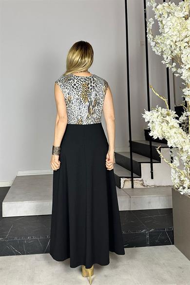 G1377 Payet Detaylı Kolsuz Abiye Elbise Leopar