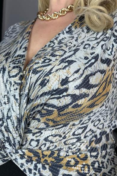 G1377 Payet Detaylı Kolsuz Abiye Elbise Leopar