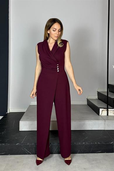 G1378 Düğme Detaylı Tulum Bordo