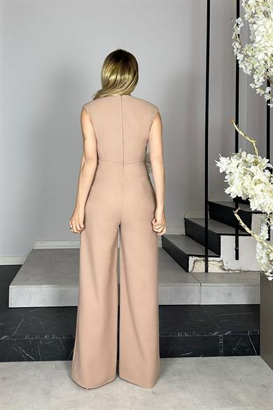 G1381 Çiçek ve Yaka Detaylı Tasarım Tulum Vizon