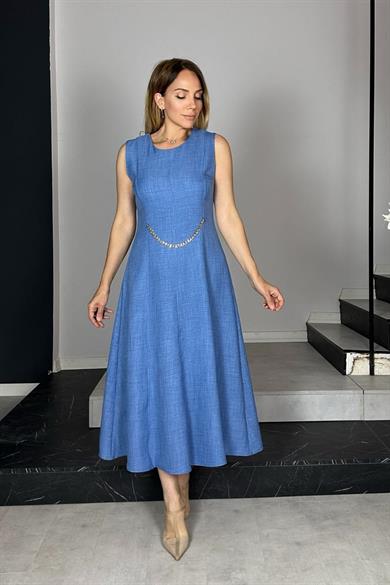 G1385 Zincir Detaylı Kolsuz Keten Elbise İndigo