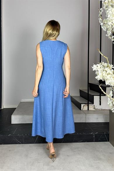 G1385 Zincir Detaylı Kolsuz Keten Elbise İndigo