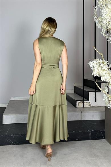 G1394 Kruvaze Yaka Volan Detaylı Tasarım Abiye Elbise Haki