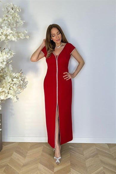 G1401 Taş Detaylı Abiye Elbise Kırmızı