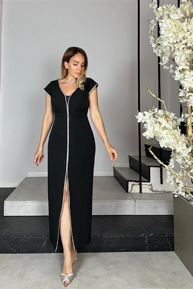 G1401 Taş Detaylı Abiye Elbise Siyah