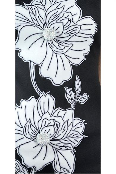 G1405 Çiçek Desen Tasarım Elbise Siyah