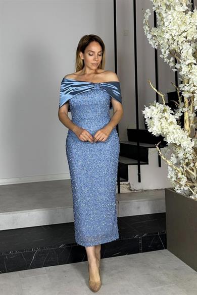 G1411 Saten Yaka Detaylı Tasarım Abiye Elbise İndigo