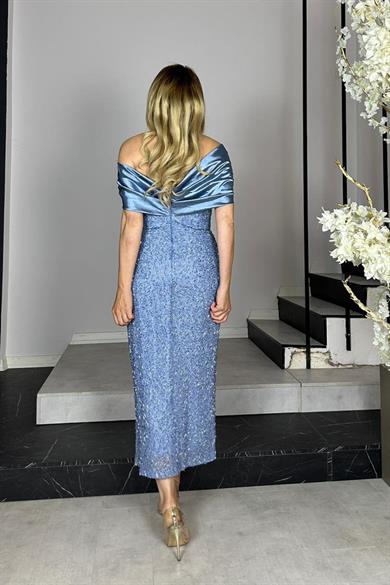 G1411 Saten Yaka Detaylı Tasarım Abiye Elbise İndigo