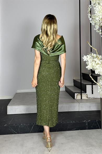 G1411 Saten Yaka Detaylı Tasarım Abiye Elbise Haki