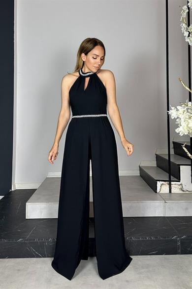 G1416 Taş Detaylı Tasarım Tulum Siyah