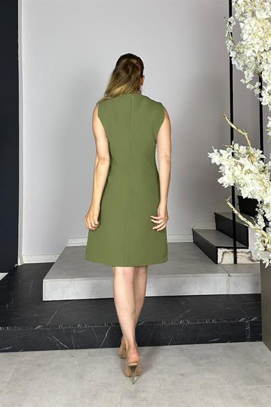 G1422 Düğme Detaylı Kolsuz Elbise Haki