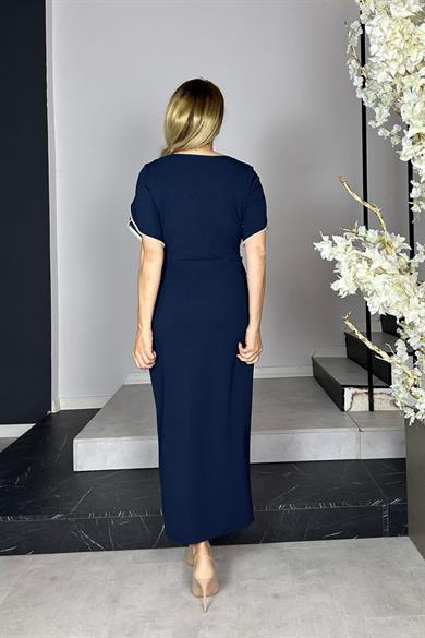 G1424 Kare Yaka İncili Elbise Lacivert