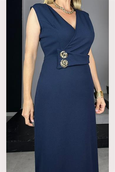 G1425 Kruvaze Yaka Düğme Detaylı Elbise Lacivert