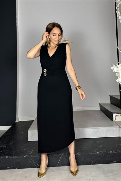 G1425 Kruvaze Yaka Düğme Detaylı Elbise Siyah