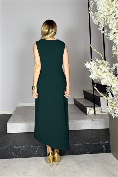 G1425 Kruvaze Yaka Düğme Detaylı Elbise Zümrüt