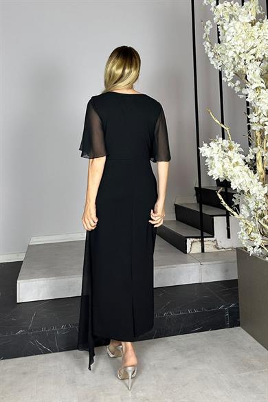 G1426 Şifon ve Taş Detaylı Abiye Elbise Siyah