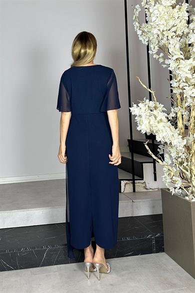 G1426 Şifon ve Taş Detaylı Abiye Elbise Lacivert