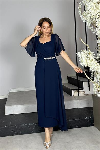 G1426 Şifon ve Taş Detaylı Abiye Elbise Lacivert