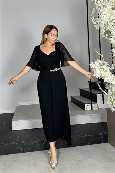 G1426 Şifon ve Taş Detaylı Abiye Elbise Siyah