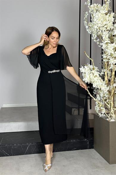 G1426 Şifon ve Taş Detaylı Abiye Elbise Siyah