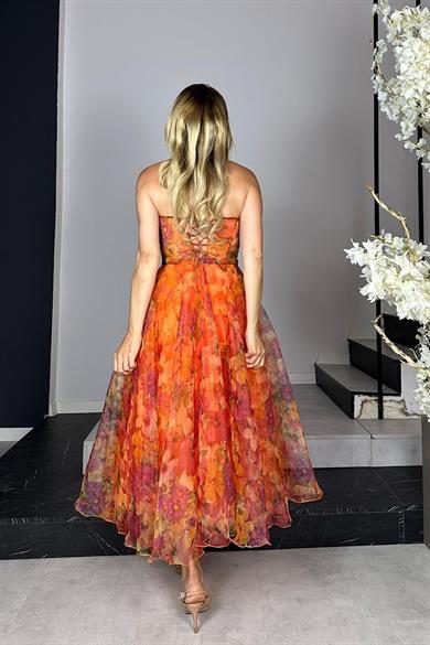 G1429 Tasarım Şifon Elbise Turuncu