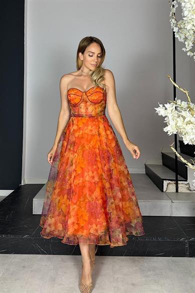 G1429 Tasarım Şifon Elbise Turuncu