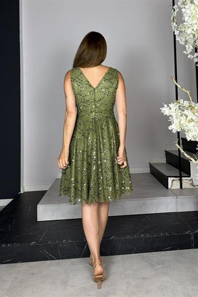 G1433 Payet Detaylı Dantel Tasarım Elbise Haki