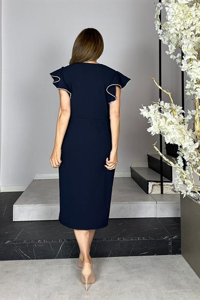 G1439 Kol Detaylı Kruvaze Yaka Abiye Elbise Lacivert