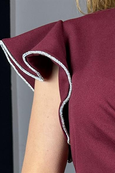 G1439 Kol Detaylı Kruvaze Yaka Abiye Elbise Bordo