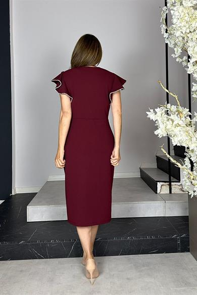 G1439 Kol Detaylı Kruvaze Yaka Abiye Elbise Bordo