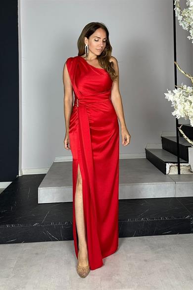 G1442 Tek Omuz Saten Tasarım Elbise Kırmızı