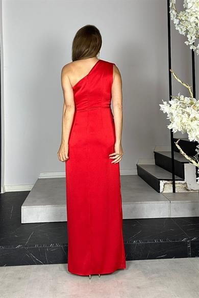 G1442 Tek Omuz Saten Tasarım Elbise Kırmızı