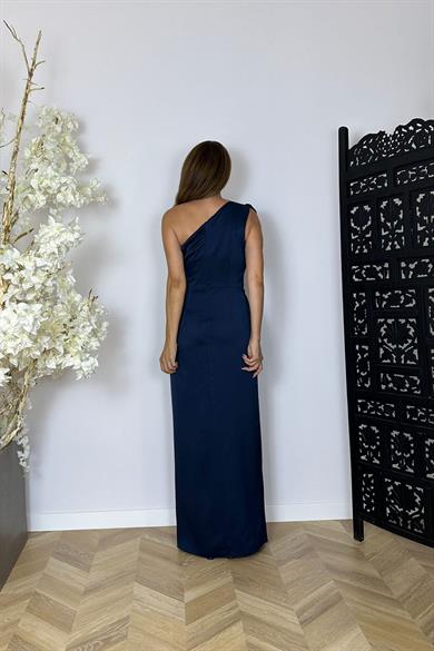 G1442 Tek Omuz Saten Tasarım Elbise Lacivert