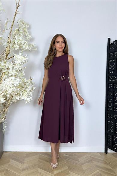 G1443 Broş Detaylı Kolsuz Tasarım Elbise Bordo