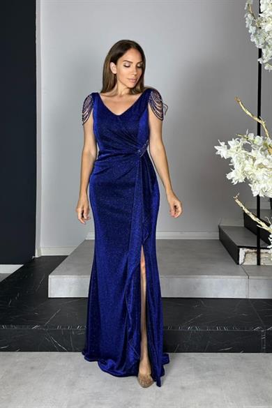 G1444 Taş Detaylı Simli Maksi Abiye Elbise Lacivert